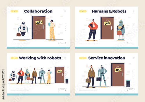 Work and cooperation with robots concept of landing pages set with people and robotic technologies