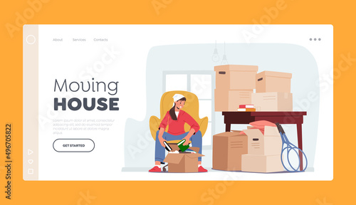 Move to New House Landing Page Template. Young Female Character Relocation, Moving into New Home, Woman Unpacking Boxes