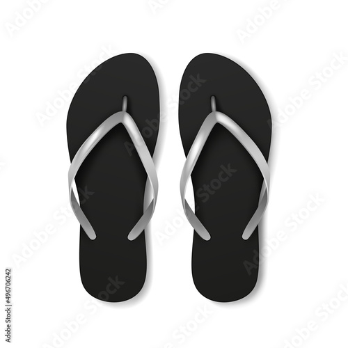 Beach flip flops slippers template. Realistic 3d blank mockup. Mock up of black beach slippers