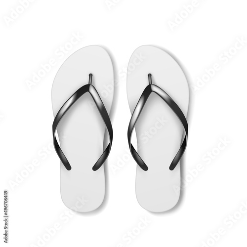 Pair of white flip flops. Realistic summer beach slippers for travel or holiday wear 3d mockup