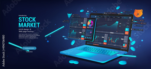 Trade platform online on 3D laptop and tablet. Stock market App for trading cryptocurrency. App with Candles and indicators, economic trends, investment, crypto, bitcoin. Stock market online. Vector