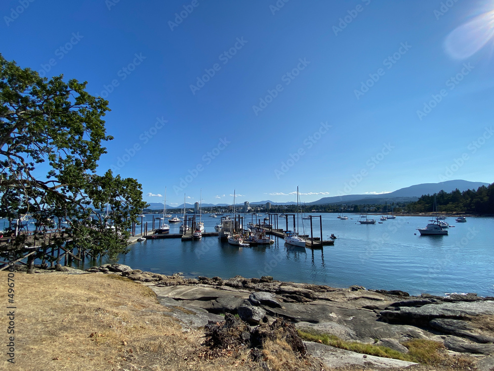 View of Saysutshun, formerly known as Newcastle, Island Marine Provincial Park dock, near Nanaimo, British Columbia