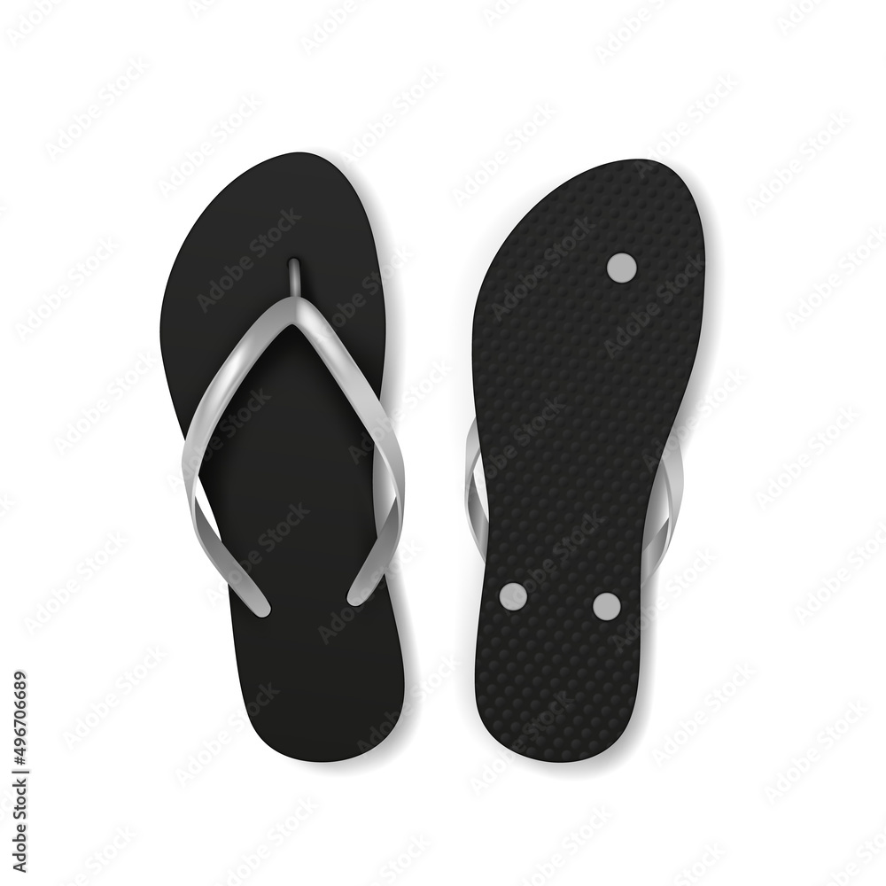 Pair of black flip flops slipper for beach activity, travel or spa. Realistic summer holiday sandals Pair of black flip flops slipper for beach activity, travel or spa. Realistic summer holiday sandals