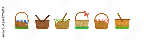 Picnic empty basket vector icon, Easter wicker hamper set isolated on white background. Cartoon illustration