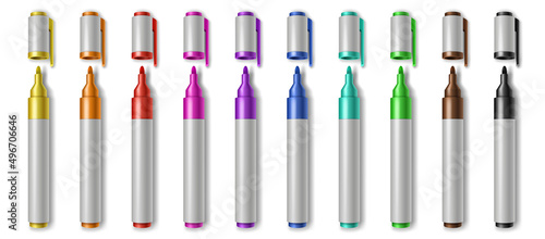 Realistic colorful markers with open caps, drawing pen palette. Stationery highlighters set