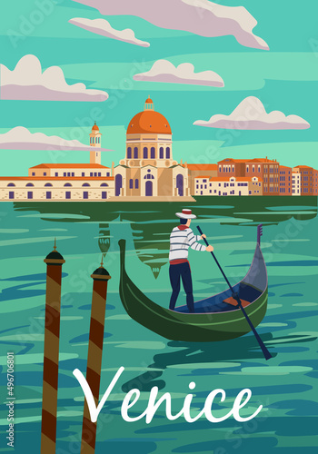 Venice Italia Poster retro style. Grand Canal, gondolier, architecture, vintage card. Vector illustration postcard