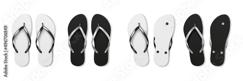 Realistic flip flop set isolated on white background. Realistic 3d template of summer beach slippers