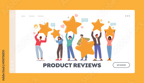 Products Reviews Landing Page Template. Characters with Huge Rate Stars, Consumer and User Rating. People Holding Stars