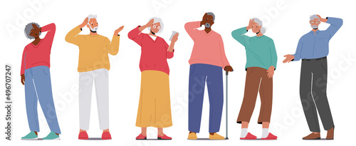 Set of Pensive Worried Old People. Senior Characters Thinking, Forgetful Elderly People with Alzheimer Disease