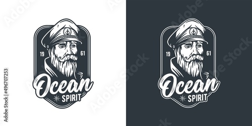 Ocean nautical captain emblem. Marine sea farer logo. Sailor man print