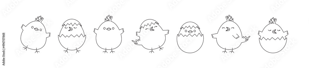 Chick Easter vector line icon, cartoon chicken baby and egg, cute little bird, outline funny animal set isolated on white background. Simple drawing illustration Chick Easter vector line icon, cartoon chicken baby and egg, cute little bird, outline funny animal set isolated on white background. Simple drawing illustration