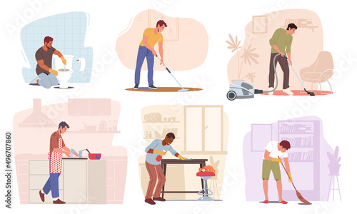 Set of Household Activities, Man Mopping, Sweeping and Vacuuming Floor, Cleaning Furniture with Duster, Washing Dishes