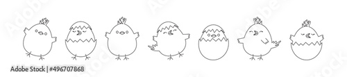 Chick Easter vector line icon, cartoon chicken baby and egg, cute little bird, outline funny animal set isolated on white background. Simple drawing illustration