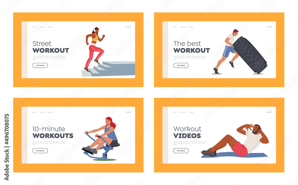 People Training Landing Page Template Set. Male and Female Characters Exercising with Equipment Doing Workout