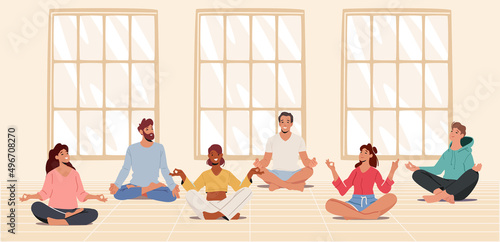 Yogi Men and Women Meditate in Large Hall, Sitting in Lotus Posture. Male and Female Characters in Yoga Sport Class