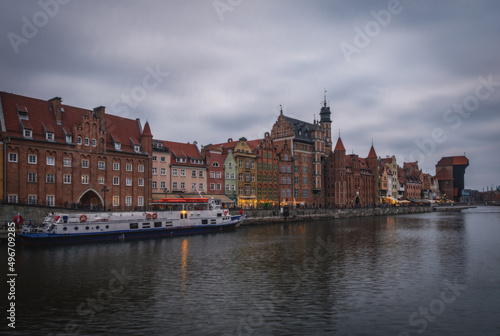 Gdansk old town and famous crane in cloudy day. Gdansk, Poland. November 2021