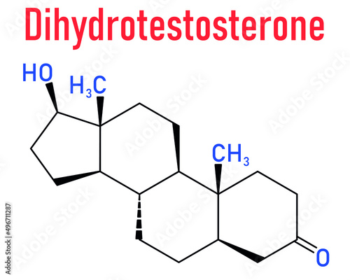 Dihydrotestosterone (DHT, androstanolone, stanolone) hormone molecule. Skeletal formula.