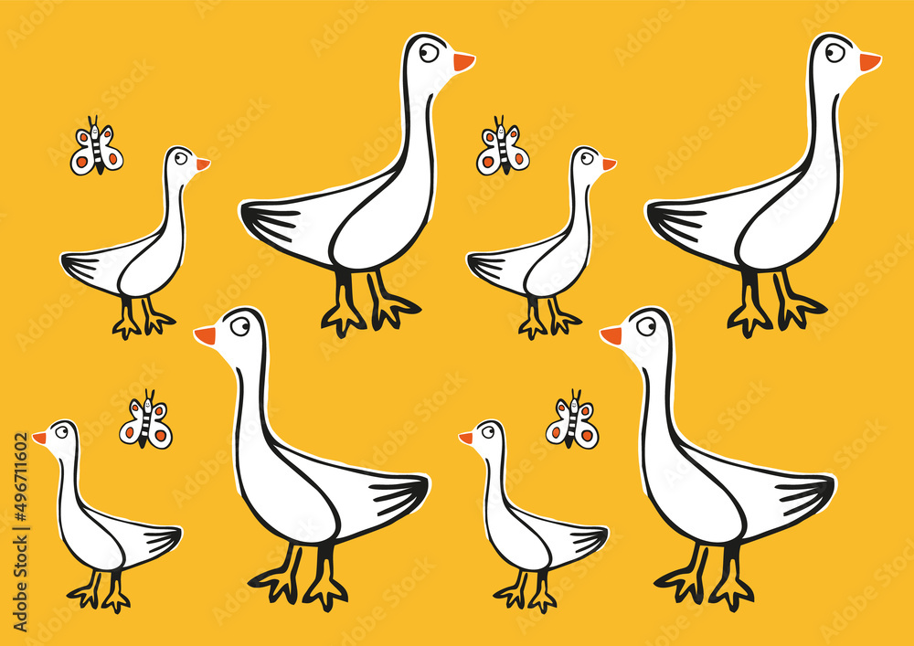 Drawing of duck and ducklings on yellow background, hand drawing, spring motive Drawing of duck and ducklings on yellow background, hand drawing, spring motive