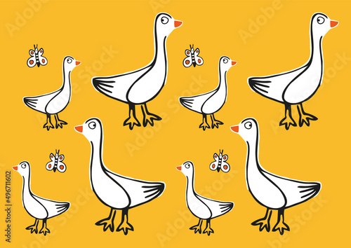 Drawing of duck and ducklings on yellow background, hand drawing, spring motive