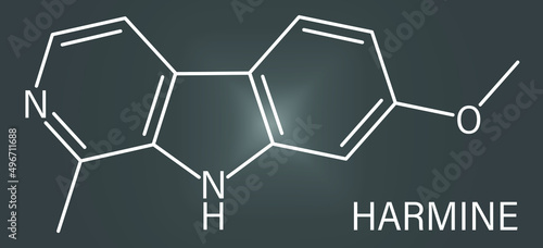 Harmine alkaloid molecule. Herbal inhibitor of monoamine oxidase A. (MAO-A). Skeletal formula.