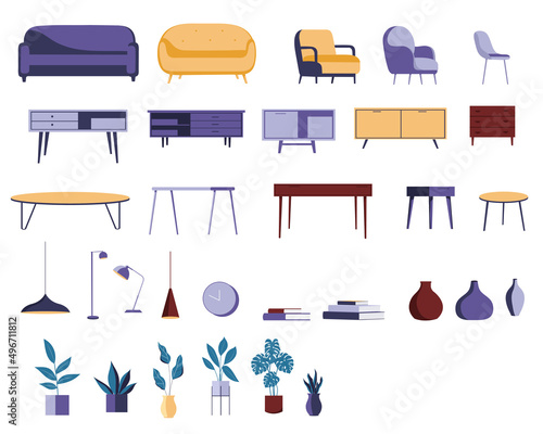 Vector set of furniture in flat style isolated on white background. 