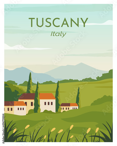 landscape in tuscany Italy with fields and trees in the background. drawing vector illustration. Flat design poster.