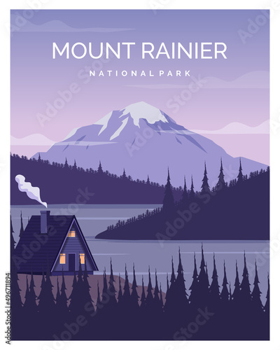 Mount Rainier National Park landscape illustration background. suitable for poster design, travel poster, postcard, art print.