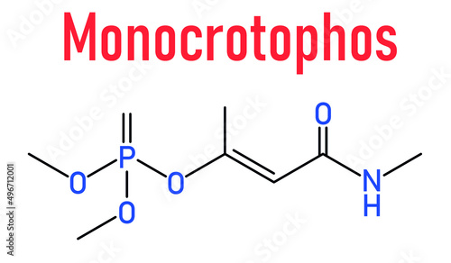 Monocrotophos organophosphate insecticide molecule. Also known to be persistent organic pollutant. Skeletal formula.