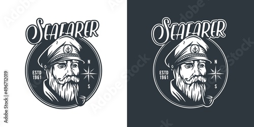 Ocean nautical captain emblem. Marine sea farer logo. Sailor man print
