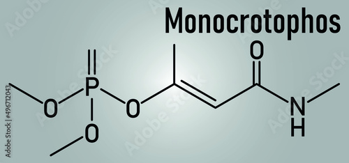Monocrotophos organophosphate insecticide molecule. Also known to be persistent organic pollutant. Skeletal formula.