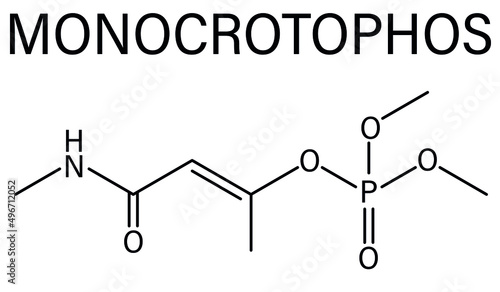 Monocrotophos organophosphate insecticide molecule. Also known to be persistent organic pollutant. Skeletal formula.