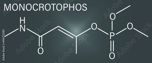 Monocrotophos organophosphate insecticide molecule. Also known to be persistent organic pollutant. Skeletal formula.