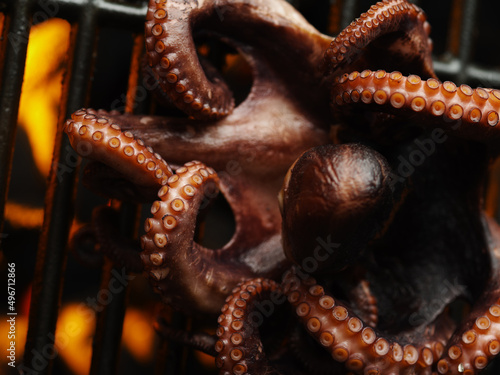 Macro shot. Big octopus is grilled. You can see the fire through the grate. Sea cuisine, seafood, recipes for home and restaurant cuisine. Restaurant, hotel, banquet, picnic. Banner.