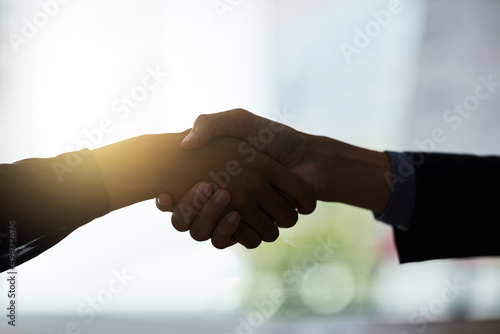 Business is all about formalities. Cropped shot of two silhouetted businesspeople shaking hands in the office.