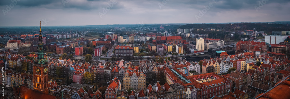Top panoramic view of beautiful architecture of the old town in Gdansk, Poland. November 2021