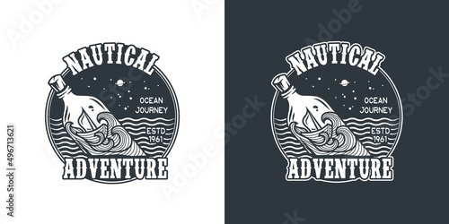 Nautical adventure, marine bottle on waves, sea print