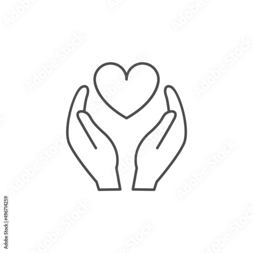 Hands hold heart care line icon. Save life health patient human vector outline symbol