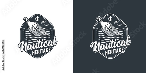 Marine boat inside the bottle on the ocean waves. Nautical wanderlust travel adventure print illustration