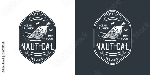 Marine boat inside the bottle on the ocean waves. Nautical wanderlust travel adventure print illustration