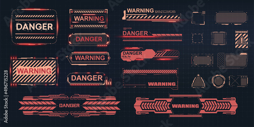 HUD danger and alert attention red interface signs.  High-tech and digital cyber frames warn of a warning on the screen. Warning frame. Abstract tech design. Hi-tech callout bar labels. Vector