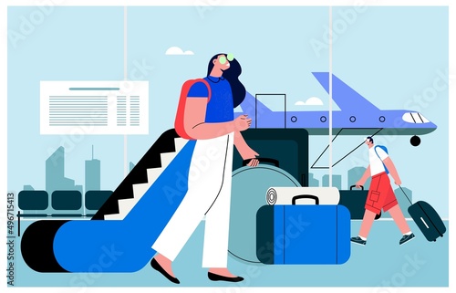  Traveling people at the airport terminal with suitcase flat vector illustration. Travel and vacation, business trip concept. Female and male traveler at departure terminal
