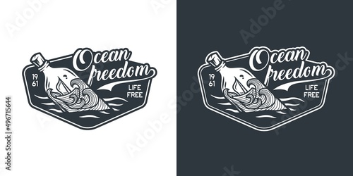 Marine boat inside the bottle on the ocean waves. Nautical wanderlust travel adventure print illustration