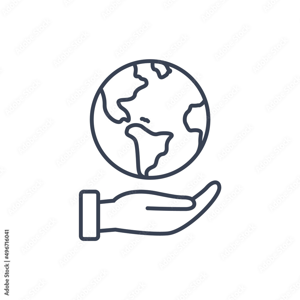 Hand hold globe world line icon. Earth help logo planet protect concept vector global ecology Hand hold globe world line icon. Earth help logo planet protect concept vector global ecology
