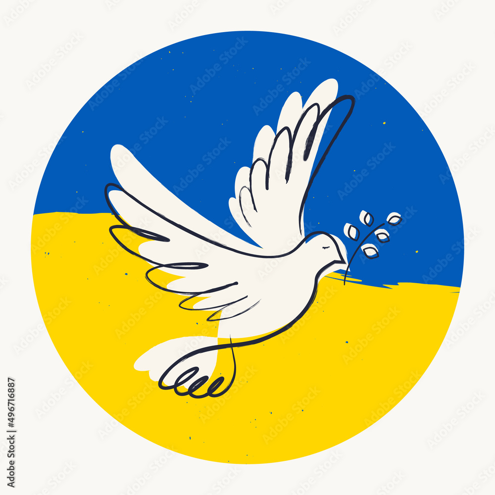 Support Ukraine. Flying bird as a symbol of peace. No war sign. Simple line drawing. - obrazy, fototapety, plakaty 