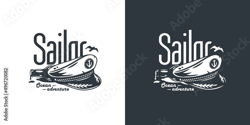 Ocean explorer sailor logo. Marine skipper cap or captain hat. Nautical wanderlust and adventure illustration