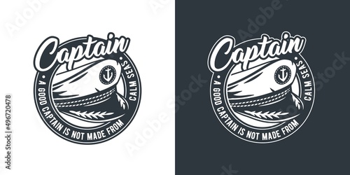 Ocean captain sailor helm logo. Marine skipper cap or captain hat. Nautical wanderlust and adventure illustration