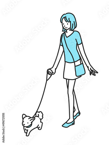 イヌの散歩に出掛ける夏の女性