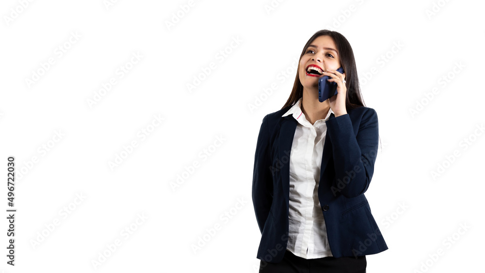latin business woman smiling laughing on cellphone on white background latin business woman smiling laughing on cellphone on white background