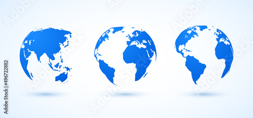 Globe earth world vector map. 3d blue transparent digital planet round globe icon set