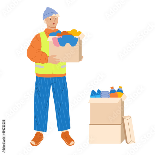 Volunteers with donations volunteering concept. Man handing out food and clothes, charity young student, altruistic activity. Helping poor refugees Ukraine. Philanthropy, kindness outline vector